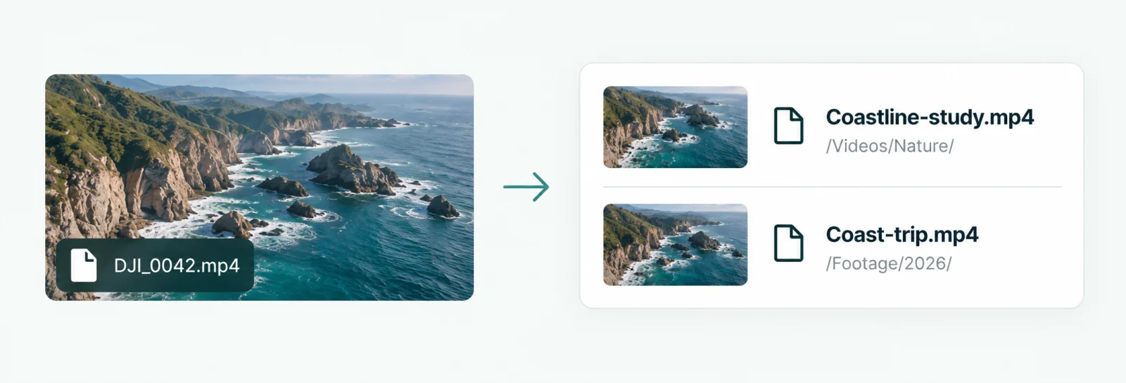 A video file leads to two matching coastal videos with different filenames and locations.