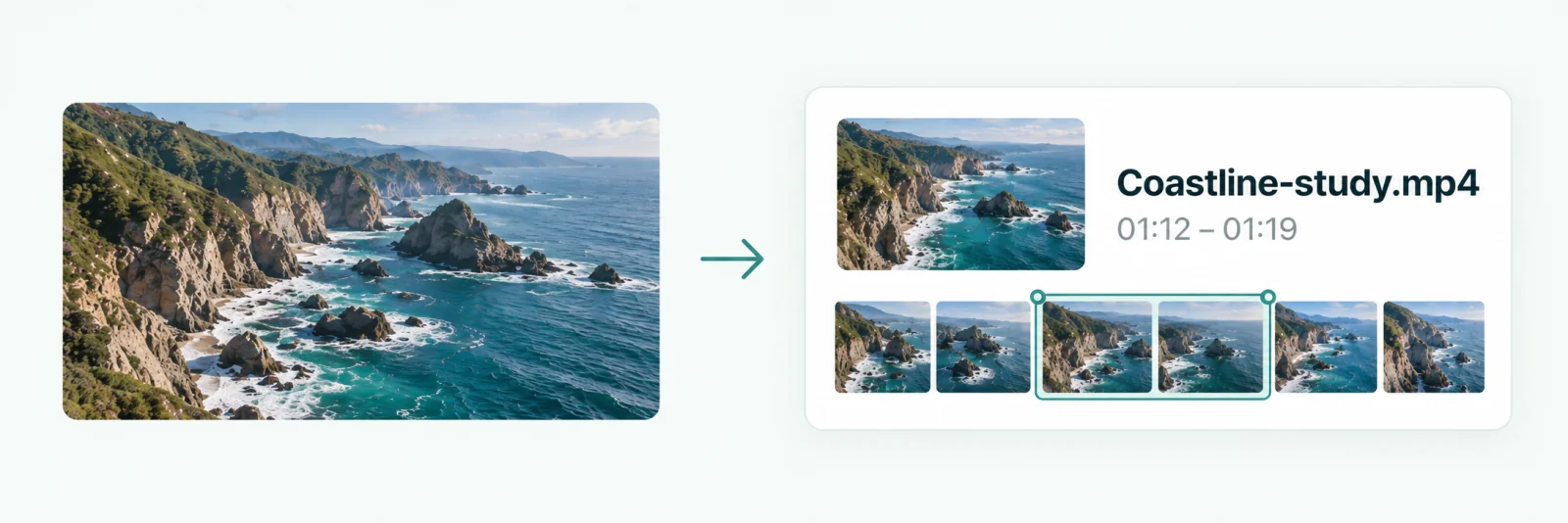 A coastal screenshot leads to a candidate video and a highlighted time range.